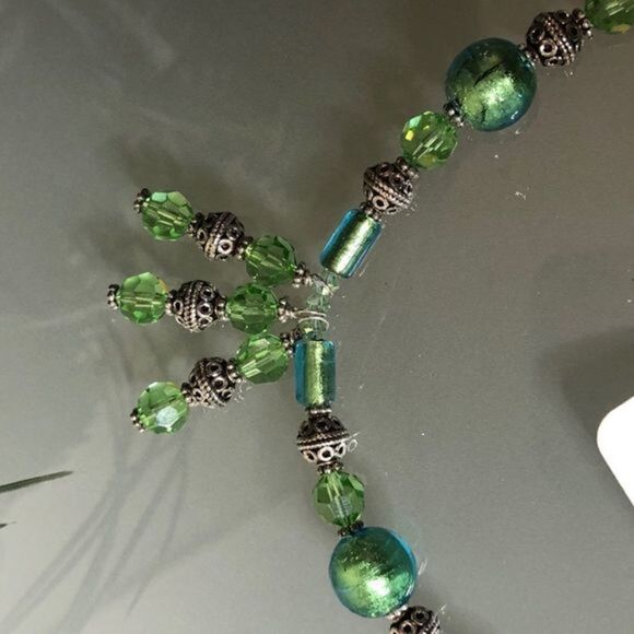 Sterling Silver 925 Green crystals Murano glass NWT necklace  w/ easy clasp - Picture 5 of 10